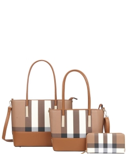 3in1 Plaid Smooth Tote Bag with Bag and Wallet Set LM-8557-S BROWN